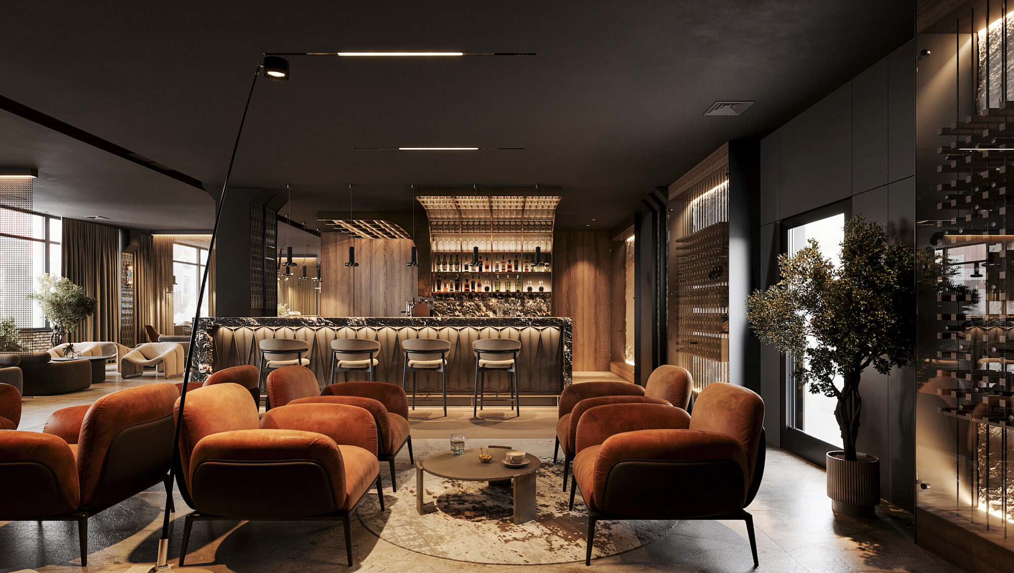 Wizualizacja wnętrza lobby baru w inwestycji Bellevue Jelenia Góra z fotelami, stolikiem kawowym i widokiem na bar.