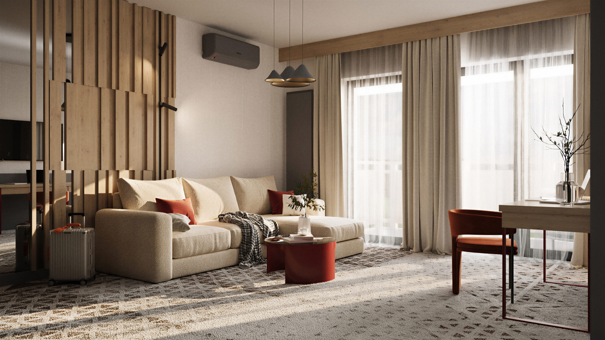 Beżowa sofa, stolik kawowy, biurko z fotelem i okna z jasnymi zasłonami we wnętrzu apartamentu w hotelu w Szklarskiej Porębie