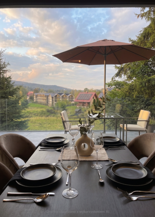 Elegancko nakryty stół w restauracji hotelowej z widokiem na taras i góry w obiekcie Hotel Szklarska Poręba
