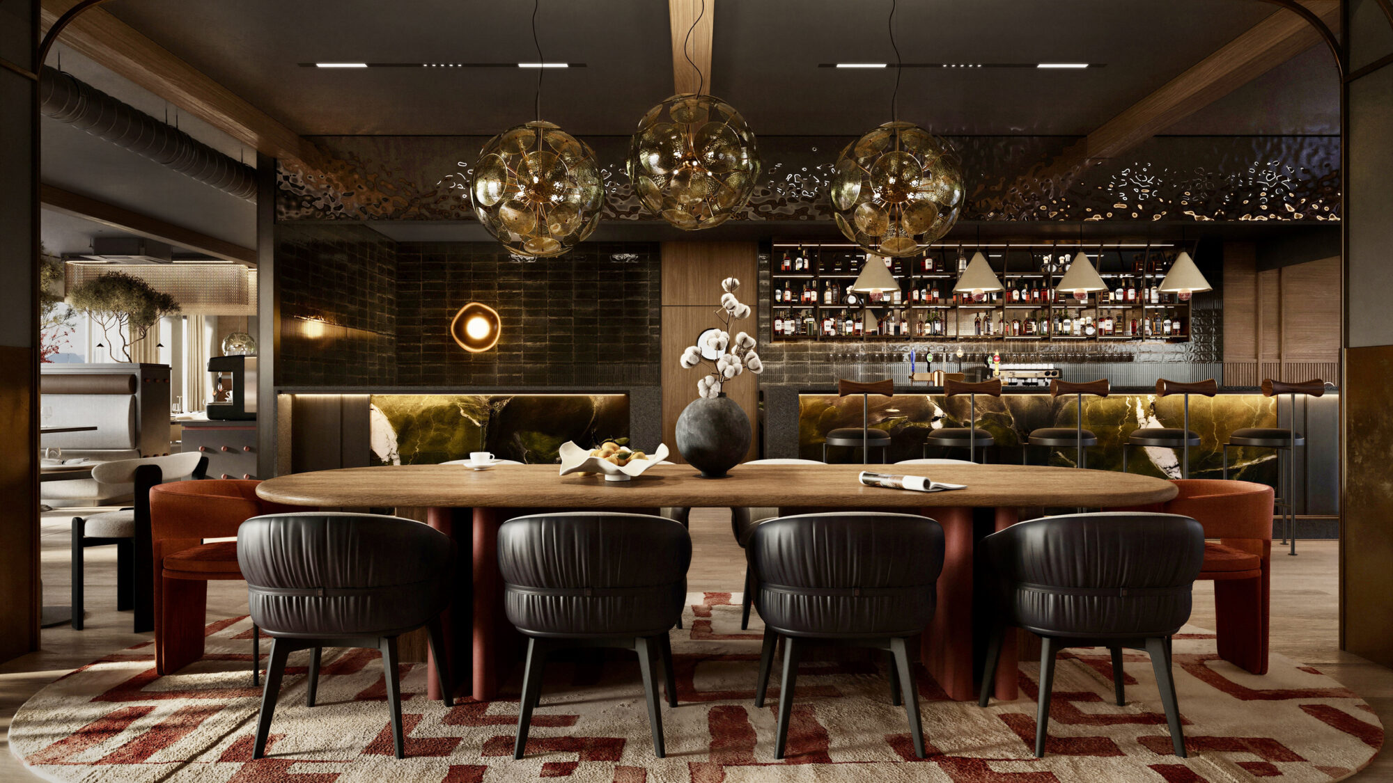 Wizualizacja wnętrza restauracji w inwestycji Bellevue Jelenia Góra z owalnym stołem, ciemnymi fotelami, kulistymi lampami wiszącymi i barem w tle.