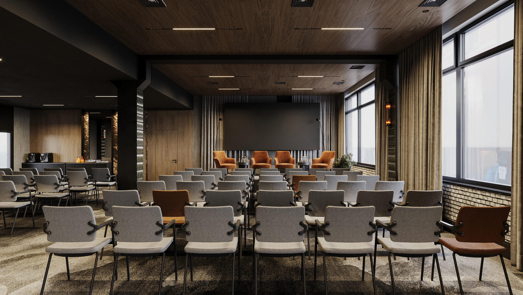 Wizualizacja wnętrza sali konferencyjnej w inwestycji Bellevue Jelenia Góra z rzędami krzeseł, ekranem projekcyjnym i drewnianym sufitem.