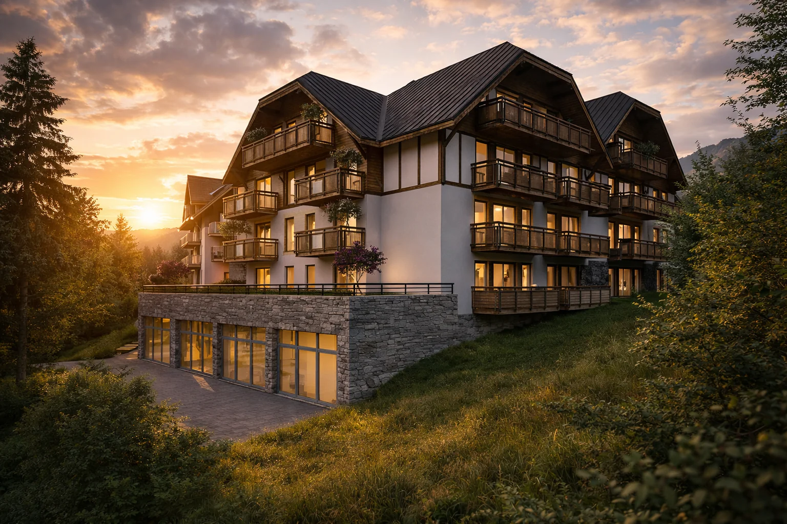 Budynek C kompleksu Hotel Szklarska w Szklarskiej Porębie z kamiennym podbudowaniem, przeszklonym dołem i drewnianymi balkonami o zachodzie słońca.