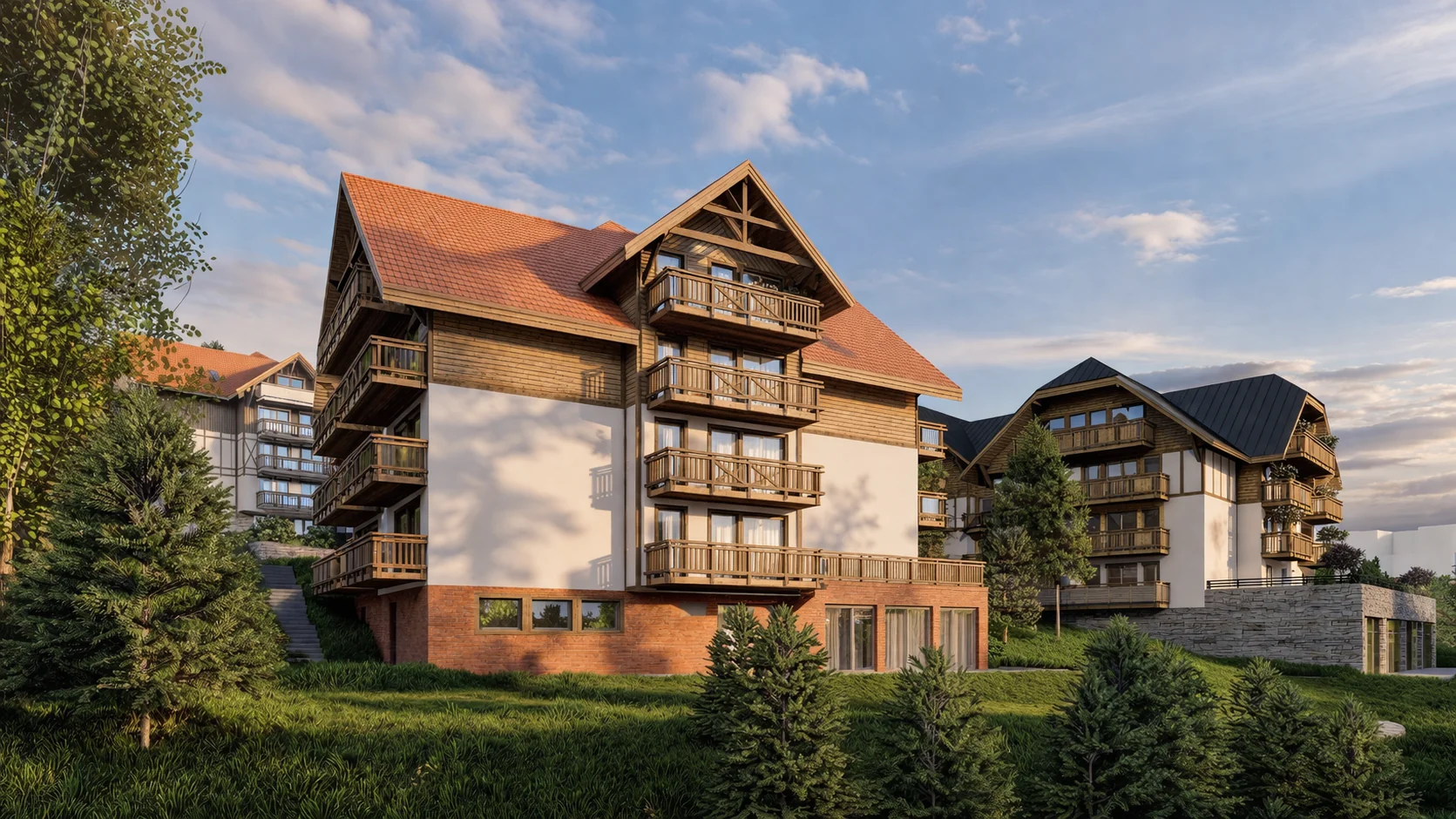 Kilkupiętrowy budynek z spadzistym czerwonym dachem, drewnianymi balkonami i ceglaną podstawa w obiekcie Hotel Szklarska w Szklarskiej Porębie.