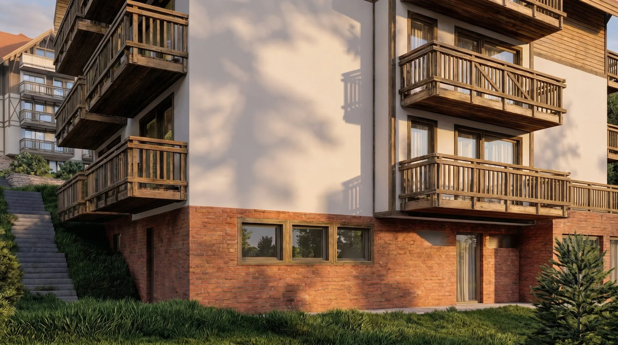 Wizualizacja fragmentu elewacji budynku Hotel Szklarska z drewnianymi balkonami i przyziemiem wykończonym czerwoną cegłą.
