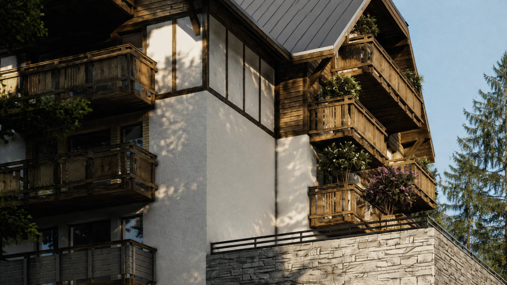 Wizualizacja detali elewacji budynku hotelu w Szklarskiej Porębie z drewnianymi balkonami i kamiennym cokołem.