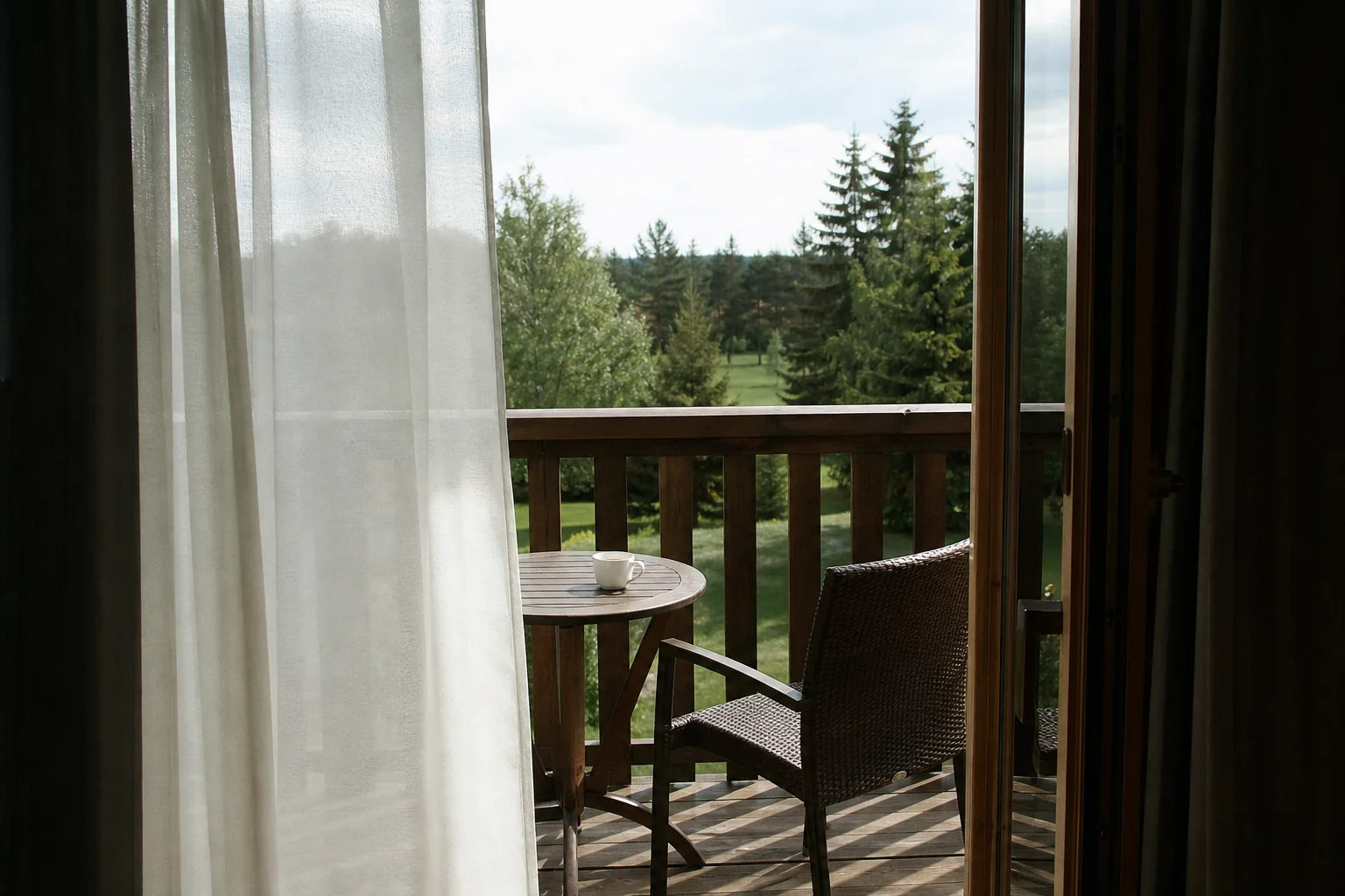 Fotografia lub wizualizacja przedstawiająca widok z wnętrza pokoju na umeblowany balkon i las w hotelu w Szklarskiej Porębie.