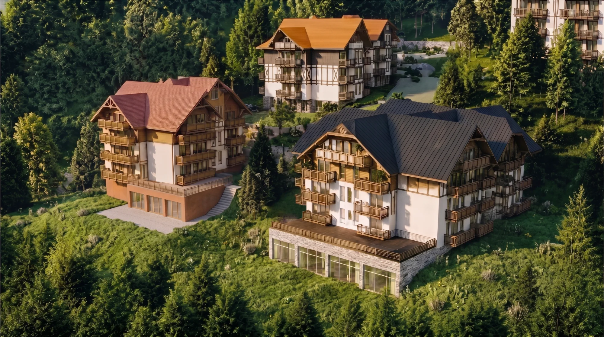 Wizualizacja z góry przedstawiająca kompleks budynków hotelu w Szklarskiej Porębie otoczony zielenią i lasem.